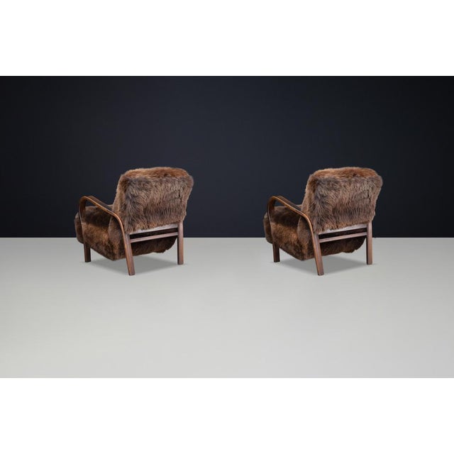1940s Set of Lounge Chairs in Texel Sheepskin and Brown Patinated Frame by Kozelka & Kropacek, 1940s For Sale - Image 5 of 11