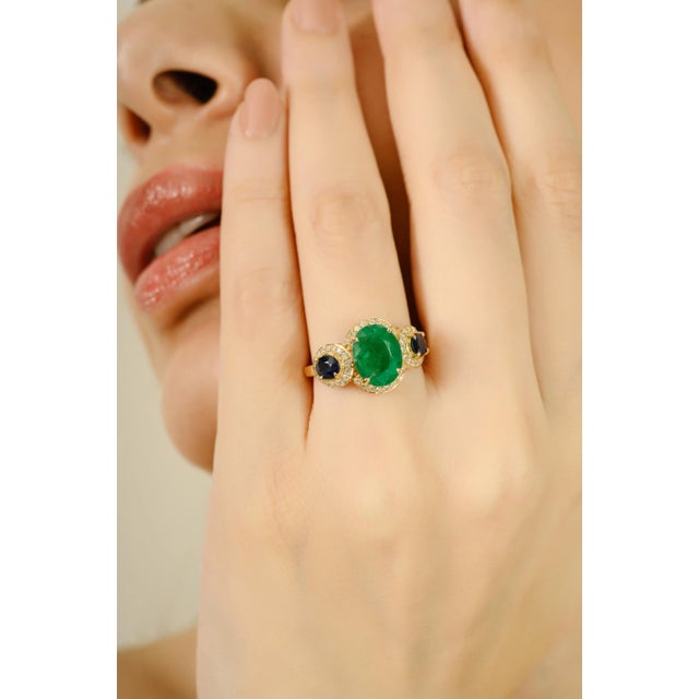 Metal Contemporary 14k Emerald Sapphire & Diamond Gold Wedding Ring Size 6 For Sale - Image 7 of 14