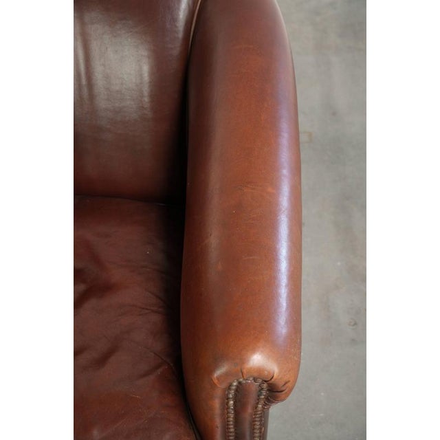 Brown English Sheepskin Club Armchair in Dark Cognac For Sale - Image 8 of 13