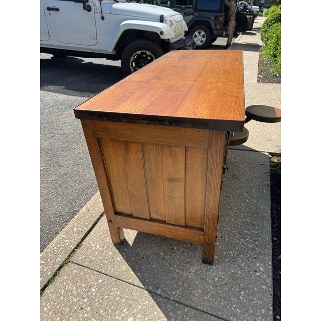 Vintage Industrial Desk With Integrated Swing-Out Stools For Sale - Image 15 of 18
