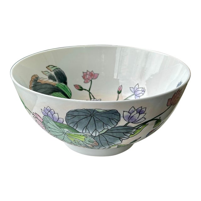 Vintage Chinese Bowl W/ Hand Painted Lotus Flowers & Cranes For Sale