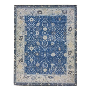 Apadana's Artisan Collection Blue Handmade Floral Indian Wool Rug For Sale