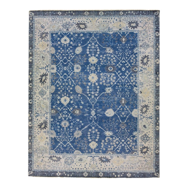 Apadana's Artisan Collection Blue Handmade Floral Indian Wool Rug For Sale