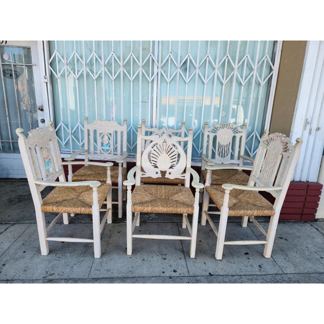 Set of 6 Vintage Carved Nautical and Celestial Armchairs With Rush Seats For Sale - Image 9 of 10