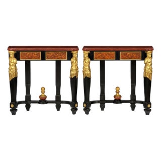Pair of Early 19th Century Italian Gilt Bronze Mounted Ebonized Console Tables For Sale