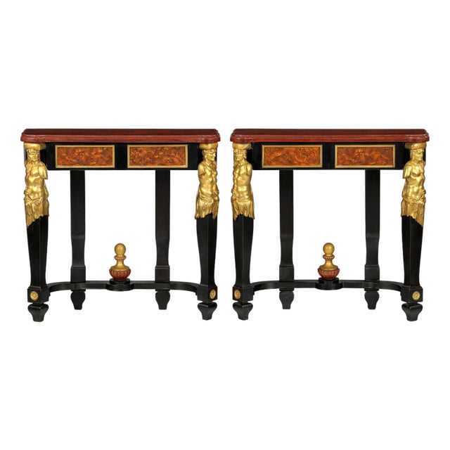 Pair of Early 19th Century Italian Gilt Bronze Mounted Ebonized Console Tables For Sale