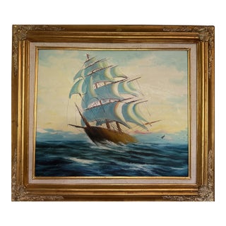 Original Vintage Nautical Sailing Ship Seascape – Oil on Canvas – Framed For Sale