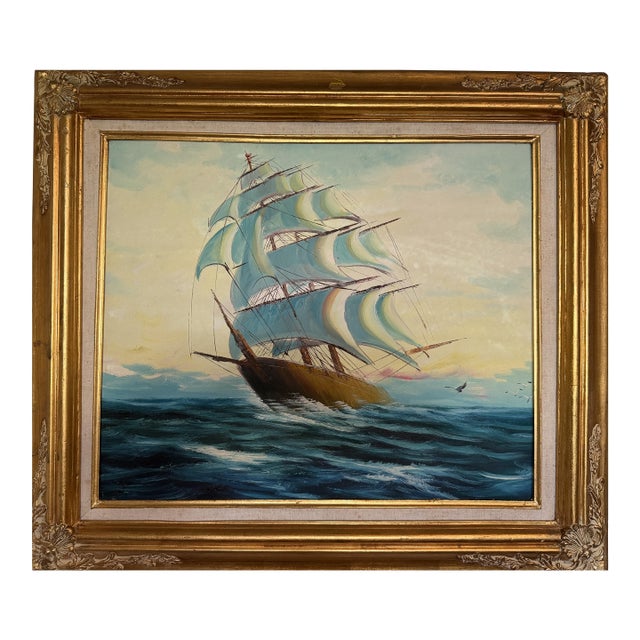 Original Vintage Nautical Sailing Ship Seascape – Oil on Canvas – Framed For Sale