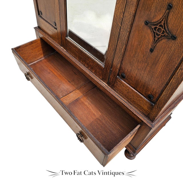 Antique Victorian Oak Wardrobe | Armoire | 3-Piece Knockdown | Beveled Mirror | Key | 19th Century For Sale - Image 12 of 18
