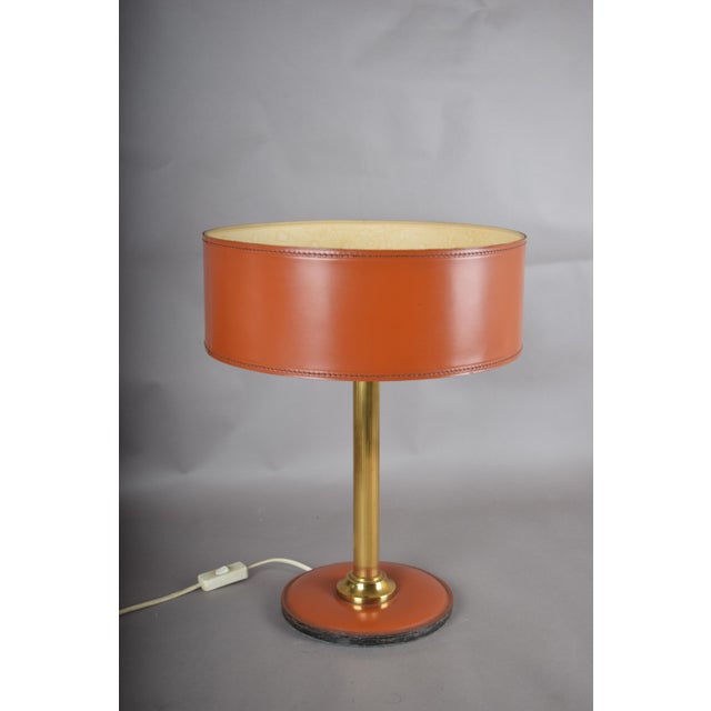 Mid-Century Leather and Brass Table Lamp with Drum Shade, 1950s For Sale - Image 6 of 12