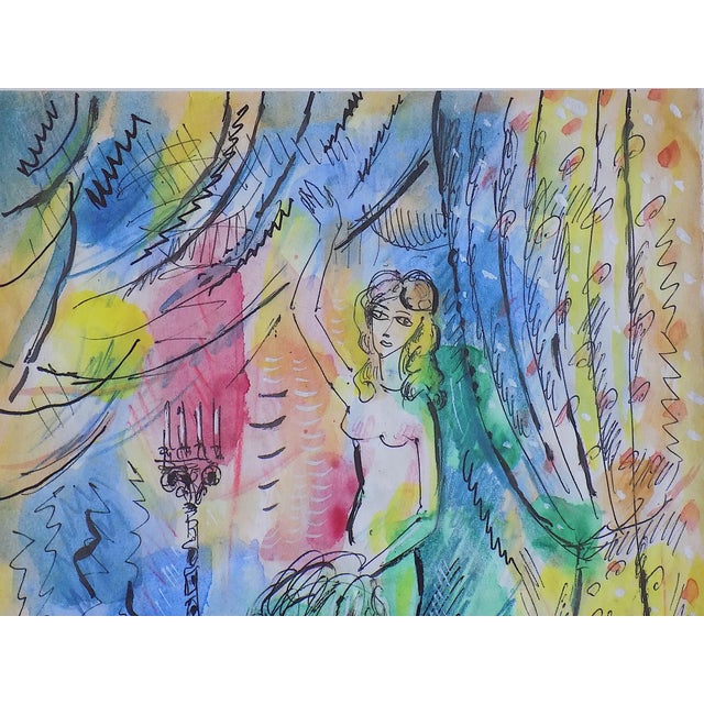 Original vintage 20th century modernist mixed media painting depicts a slightly abstracted standing female nude on a...