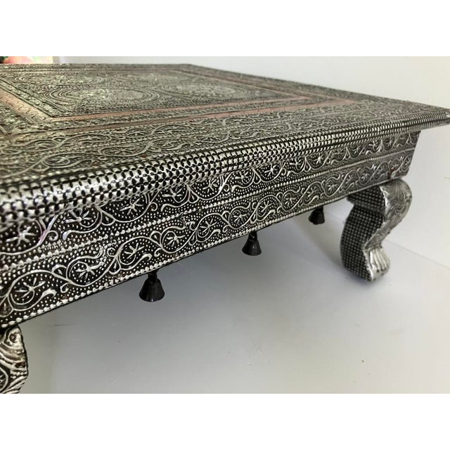 1970s Vintage Indian Pooja Table – Embossed Metal Altar Stand With Ornate Detail For Sale - Image 4 of 5