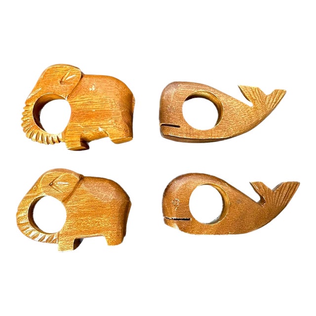 Vintage Carved Walnut Animal Napkin Rings, S/4 For Sale