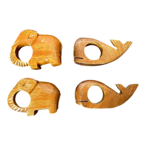 Vintage Carved Walnut Animal Napkin Rings, S/4