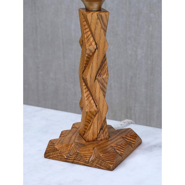 French Art Deco Geometric Oak Table Lamp with Linen Shade, Late 1930s For Sale - Image 4 of 14