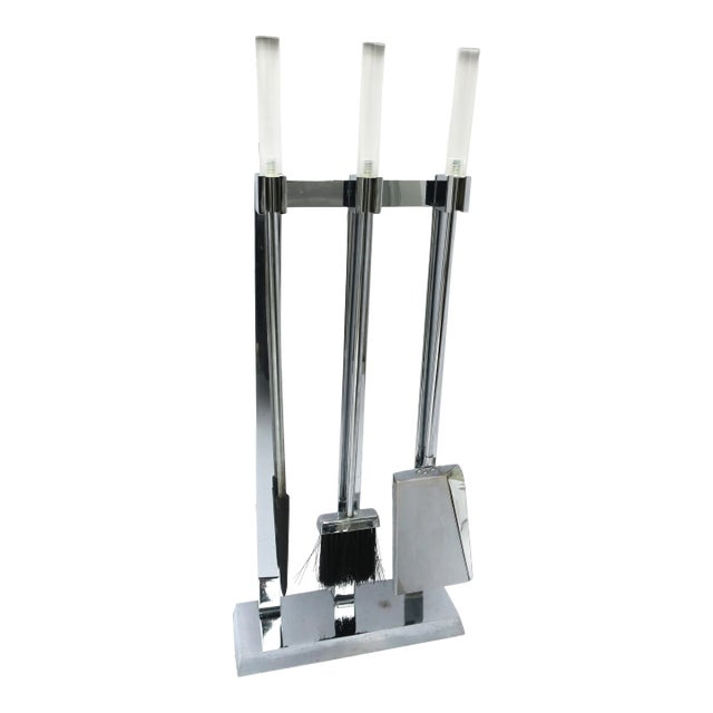 Metal Chrome and Lucite Fireplace Tool Set For Sale