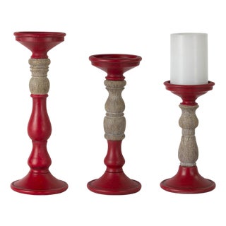 Red Candle Holder with Wood Accent (Set of 3) For Sale