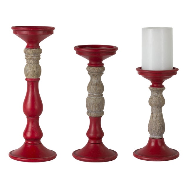 Red Candle Holder with Wood Accent (Set of 3) For Sale