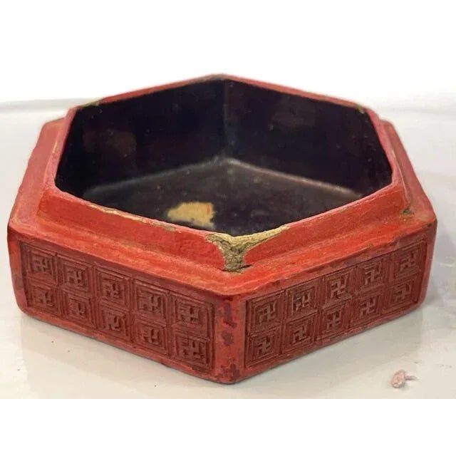 Brick Red Antique Chinese Cinnabar Hexagon Box Carved With Figures For Sale - Image 8 of 13