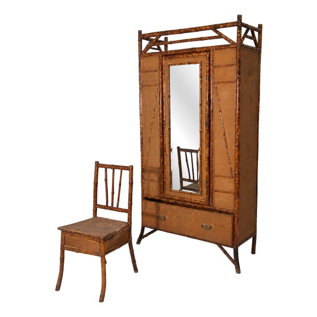 20th Century Victorian English Bamboo and Rattan Wardrobe with Chair, 1920, Set of 2 For Sale
