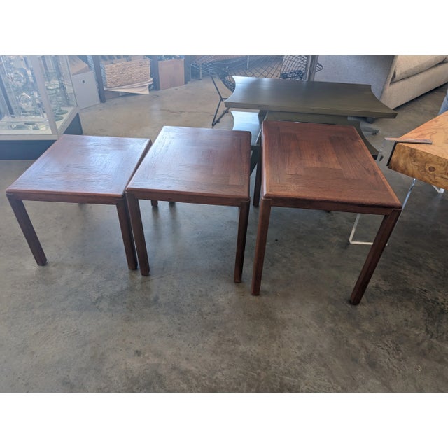 1970s Teak Danish Modern Patchwork Nesting Tables by Vejle Stole Denmark - Set of 3 For Sale - Image 9 of 10