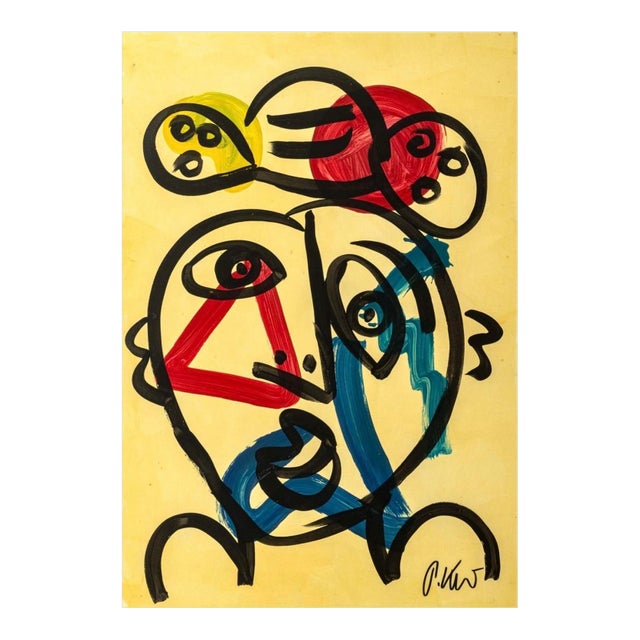 1980s Large Signed Peter Robert Keil Abstract Portrait – Acrylic on Masonite, Post-Cubist Expression For Sale