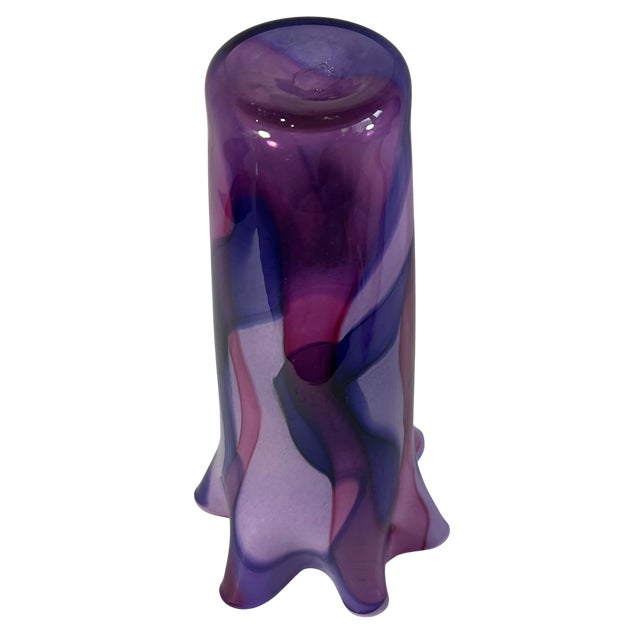 Purple 12/ 1/4 In. Tall Signed Purple Swirl Fazzoletto Lip Studio Art Glass Vase For Sale - Image 8 of 13