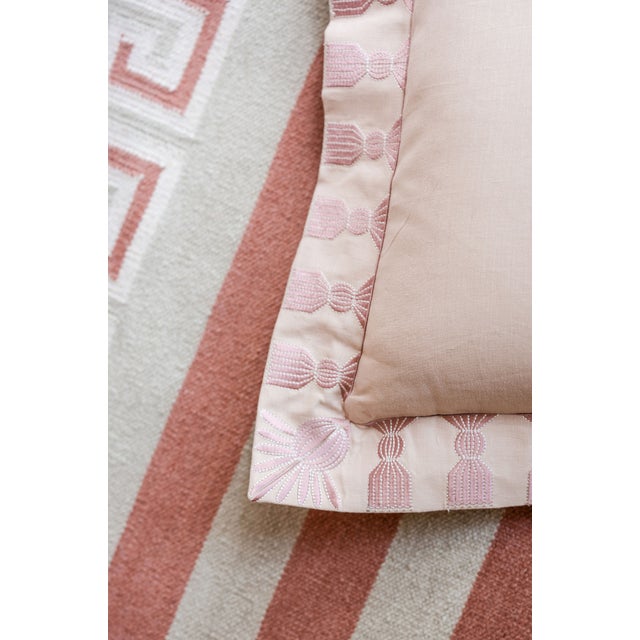 Tassel Embroidered Linen Pillow, Bisuqe and Petal Pink, 24 "x 24", Pair For Sale - Image 10 of 14