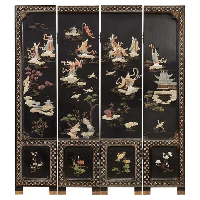 Chinese Export Four Panel Carved Soapstone Coromandel Screen For Sale - Image 13 of 13