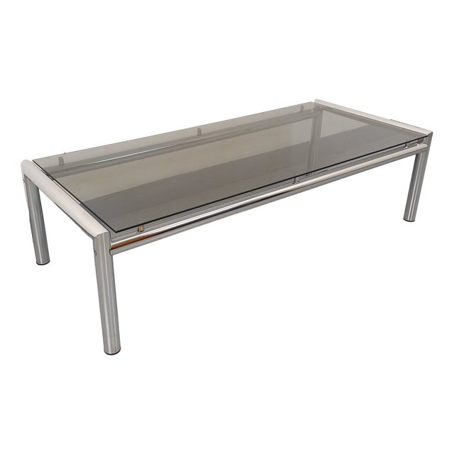 Vintage Rectangular Coffee Table in Smoked Glass and Chrome Metal, 1970s For Sale
