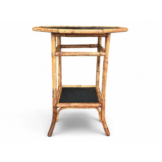 Vintage Coastal Bamboo Octagonal End Table With Black Inset Shelves For Sale - Image 4 of 18