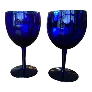1960s Cobalt Blue Glass Wine/ Water Goblets - Set of 2 For Sale