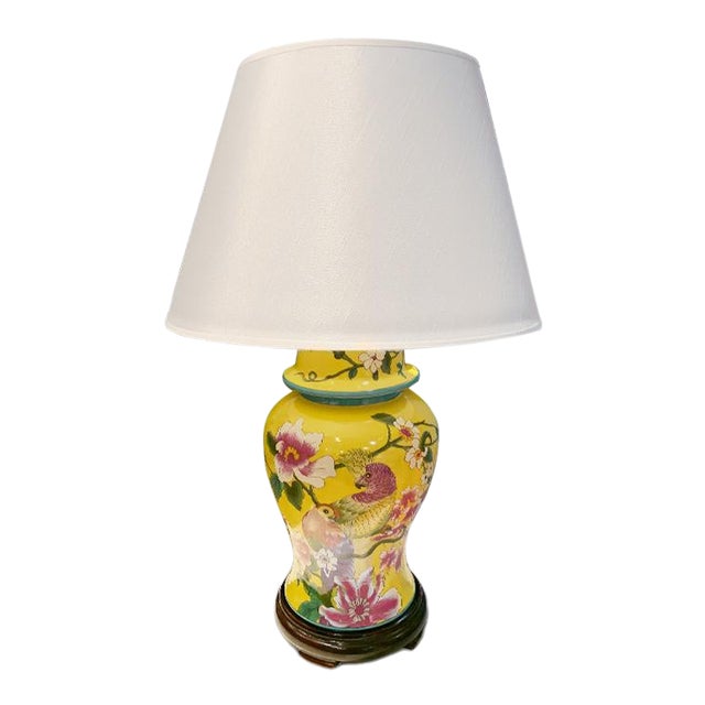 Asian Yellow Floral Porcelain Table Lamp For Sale