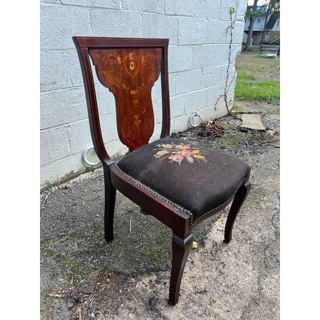19th Century Antique Victorian Style Mahogany Marquetry Inlaid Needlepoint Side Chair. Well made, with intricate floral...