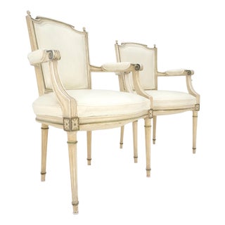 Pair of Directoire French Open Arms Painted Frames Arm Chairs For Sale