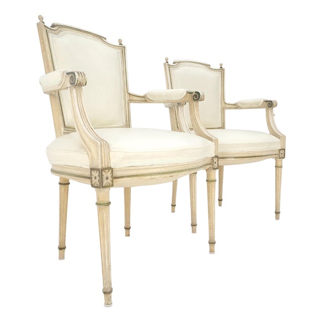 Pair of Directoire French Open Arms Painted Frames Arm Chairs For Sale