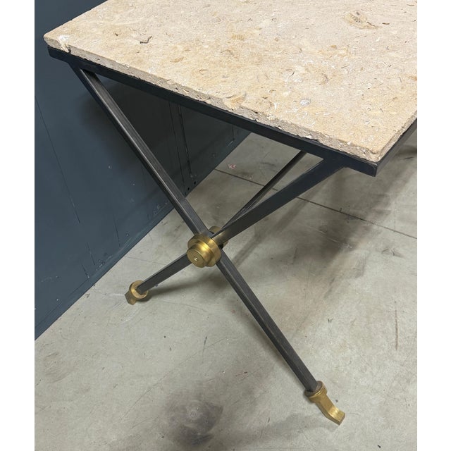 Late 20th Century Maison Jansen Iron & Brass Neoclassical Console Table Coquina Stone Top, 1970s For Sale - Image 5 of 13
