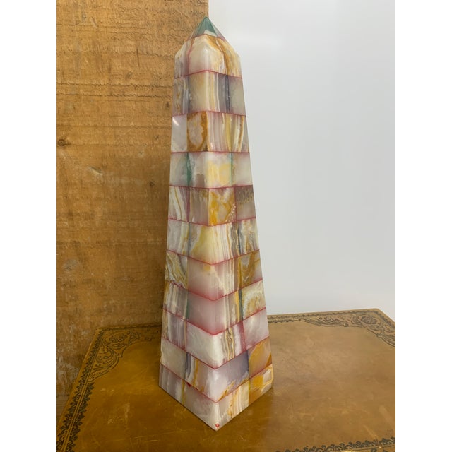 Vintage Pink Onyx Marble Mosaic Obelisk. Made in the Late 20th Century.