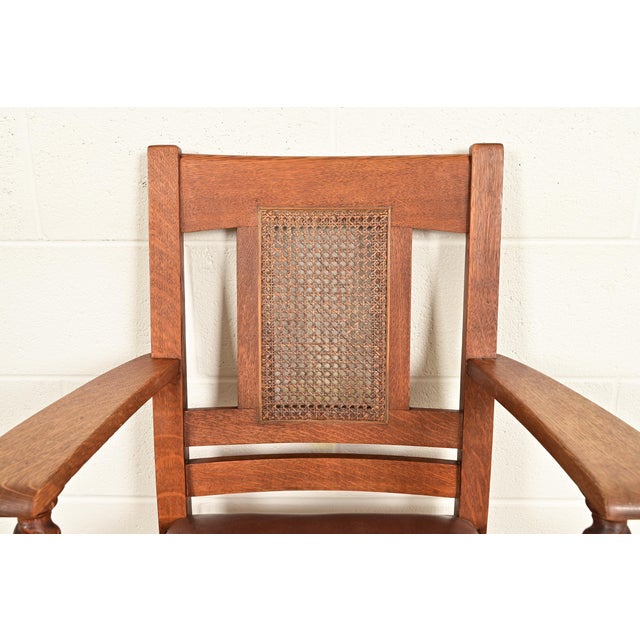 Stickley Brothers Antique Mission Oak and Cane Arts & Crafts Dining Chairs, Set of Five For Sale In South Bend - Image 6 of 17