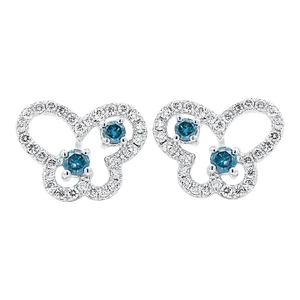 Round Cut Blue and White Diamond Butterfly Outline Stud Earrings