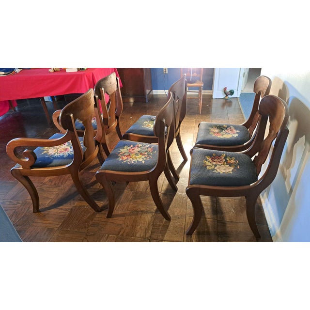 Set of 6 Hickory Chair–Style American Empire Dining Chairs With Unique Floral Needlepoint For Sale - Image 4 of 12