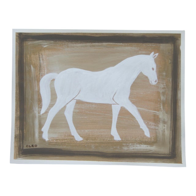 Horse Folk Art Americana Minimalism Beige Burnt Umber Tan White Original Painting by Cleo Plowden For Sale