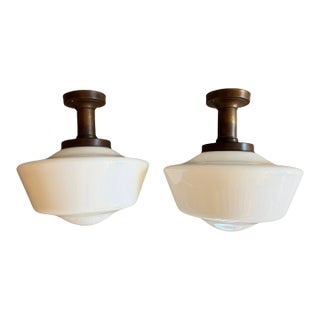 Rare Antique Pair of Large Milkglass Flushmounts on Rustic Holders For Sale