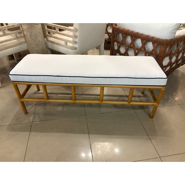 Vintage Palm Beach Rattan Bench Newly Upholstered Navy Blue & White For Sale - Image 10 of 10