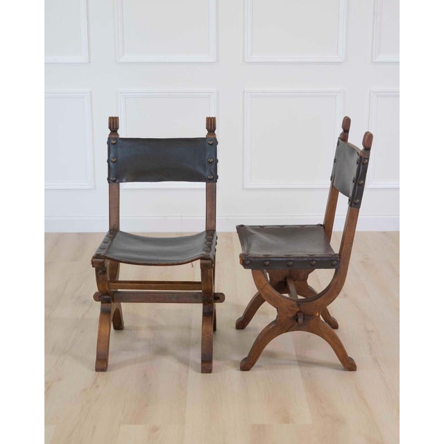 Wood Set of Six Mid-20th Century Spanish Walnut and Leather Dining Chairs For Sale - Image 7 of 9