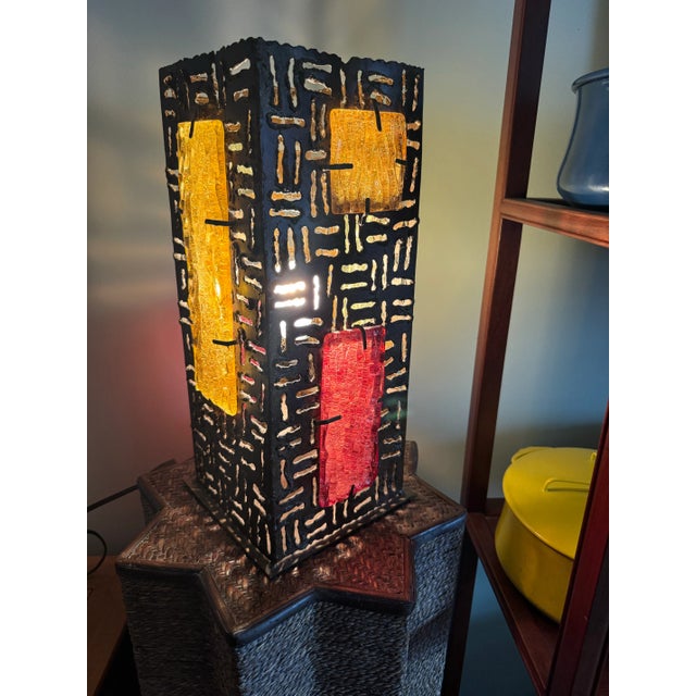 Metal Vintage Brutalist Sculpture Steel and Thick Italian Art Glass Panels Modern Art Lamp For Sale - Image 7 of 7