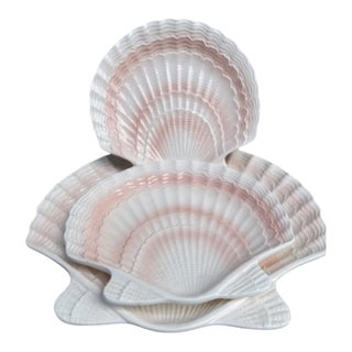 Vintage Otagiri Japanese Blush Pink Ceramic Scallop Shell Dish Set of 3 — Coastal Decor For Sale