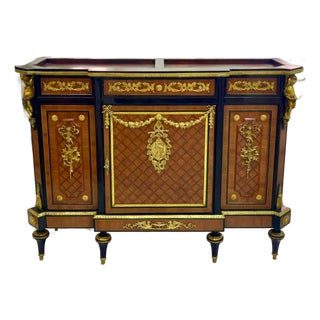 French-Style Louis XVI Sideboard – Rich Wood, Gold Leaf & Ornate Bronze Details For Sale
