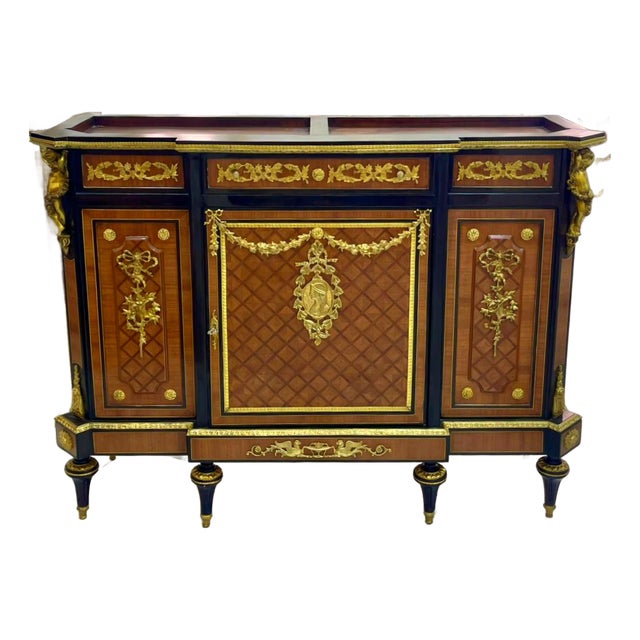 French-Style Louis XVI Sideboard – Rich Wood, Gold Leaf & Ornate Bronze Details For Sale