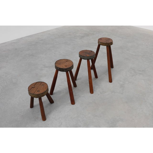 Brutalist French Oak Tripod Stool with Metal Rim, 1850s For Sale - Image 12 of 13